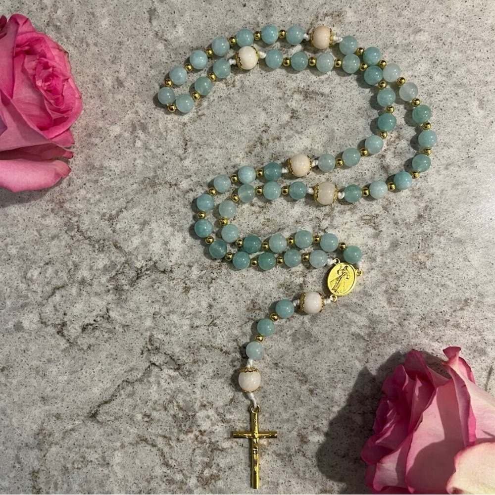 Handmade Catholic Rosary | Gold, Green Angelite | Gemstone Cord Rosary Gift